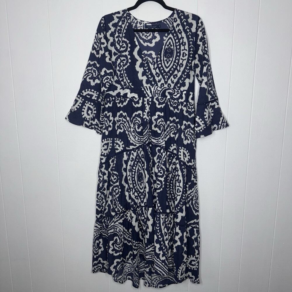 La Plage Women’s Water Mill Paisley Maxi Dress Blue White Boho Size Small